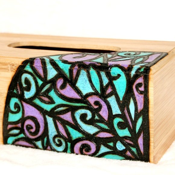 Purple & Turquoise Wood-burned Kleenex Box - Picture 2 of 2